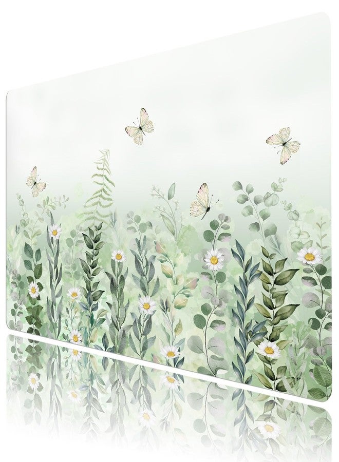 LB Sage Green Plant Large Mouse Pad White Flower with Butterfly Extended Keyboard Pad Non-Slip Base XL Gaming Mousepad Big Desk Mat for Home Office Work,31.5x15.7 Inch - Image 1