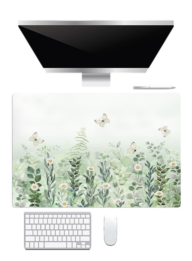 LB Sage Green Plant Large Mouse Pad White Flower with Butterfly Extended Keyboard Pad Non-Slip Base XL Gaming Mousepad Big Desk Mat for Home Office Work,31.5x15.7 Inch - Image 2
