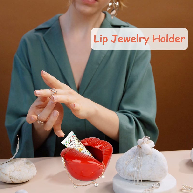 Trycooling Ceramic Red Lips Lipstick Ring Holder Jewelry Tray Rack Decorative Cosmetic Storage Display Holder Desktop Hairpin Storage Organizer Birthday Choice (Light Red) - Image 2