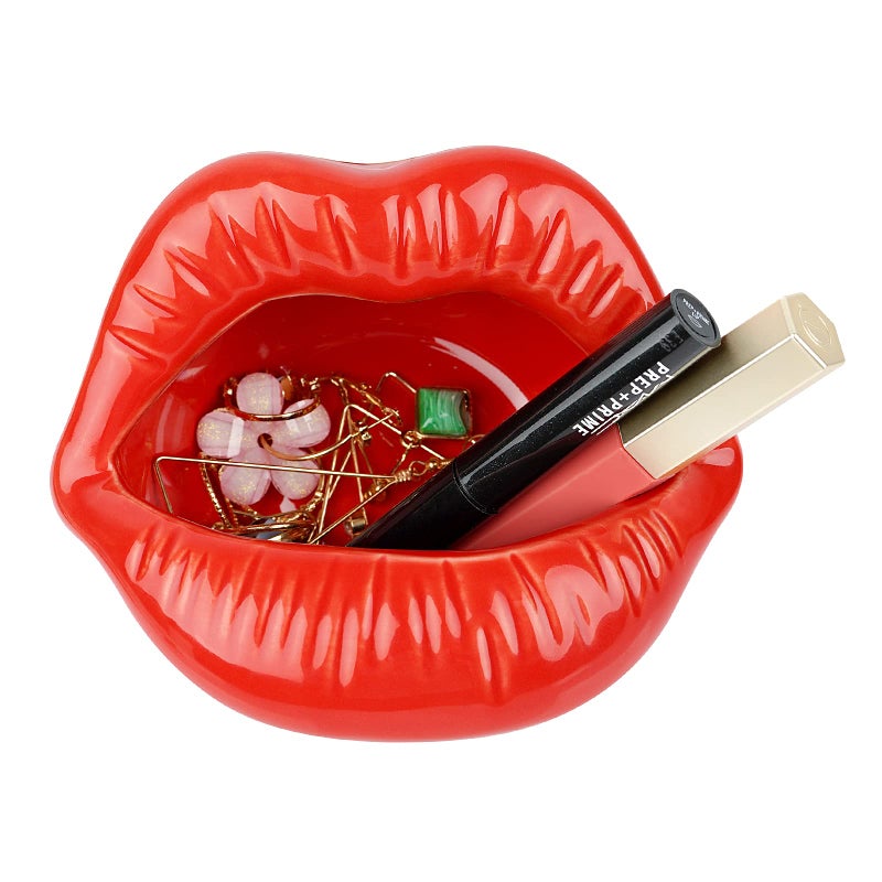 Trycooling Ceramic Red Lips Lipstick Ring Holder Jewelry Tray Rack Decorative Cosmetic Storage Display Holder Desktop Hairpin Storage Organizer Birthday Choice (Light Red) - Image 1
