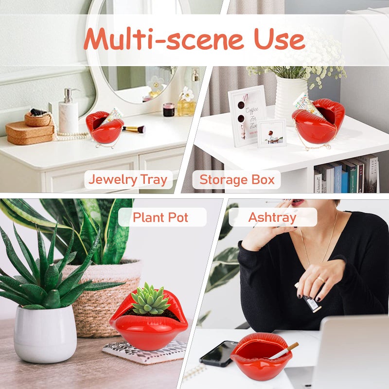 Trycooling Ceramic Red Lips Lipstick Ring Holder Jewelry Tray Rack Decorative Cosmetic Storage Display Holder Desktop Hairpin Storage Organizer Birthday Choice (Light Red) - Image 3