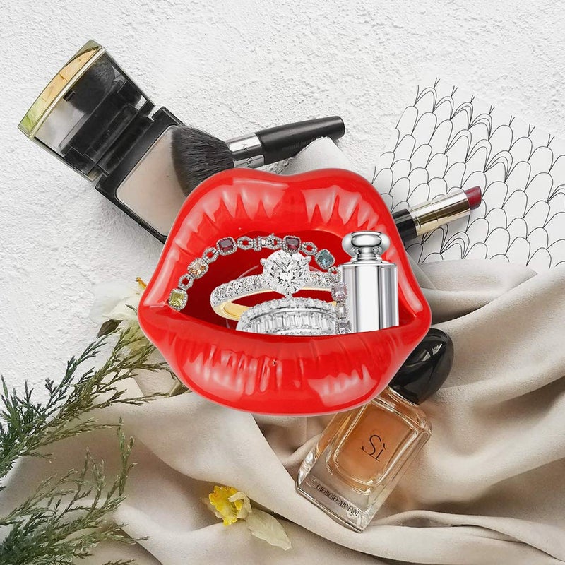 Trycooling Ceramic Red Lips Lipstick Ring Holder Jewelry Tray Rack Decorative Cosmetic Storage Display Holder Desktop Hairpin Storage Organizer Birthday Choice (Light Red) - Image 4