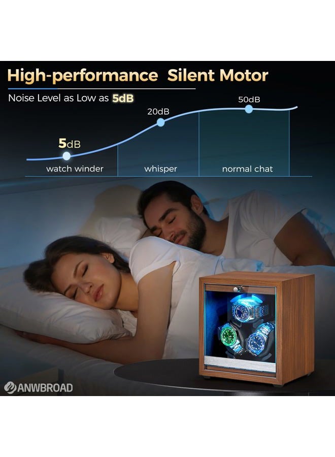 ANWBROAD Watch Winder for Automatic Watch 3 Watch Rotator with LED and 4 Rotating Modes Wooden Automatic Watch Winder Super Quiet Japanese Motor Memory Foam Pillows with Adapter Gift for Man UJWW013M - Image 3