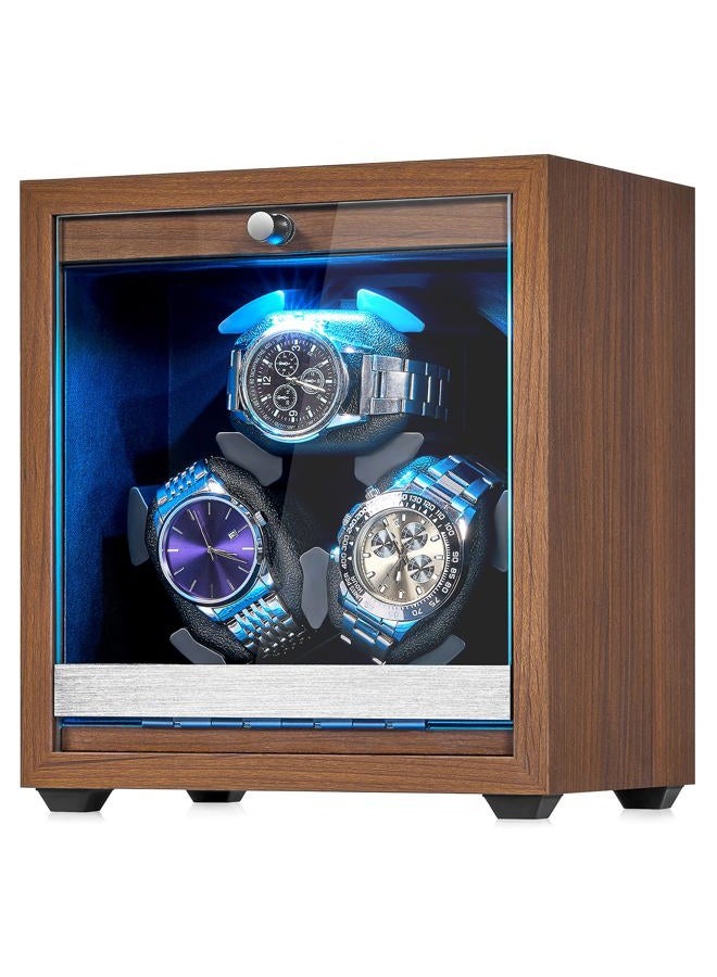 ANWBROAD Watch Winder for Automatic Watch 3 Watch Rotator with LED and 4 Rotating Modes Wooden Automatic Watch Winder Super Quiet Japanese Motor Memory Foam Pillows with Adapter Gift for Man UJWW013M - Image 1