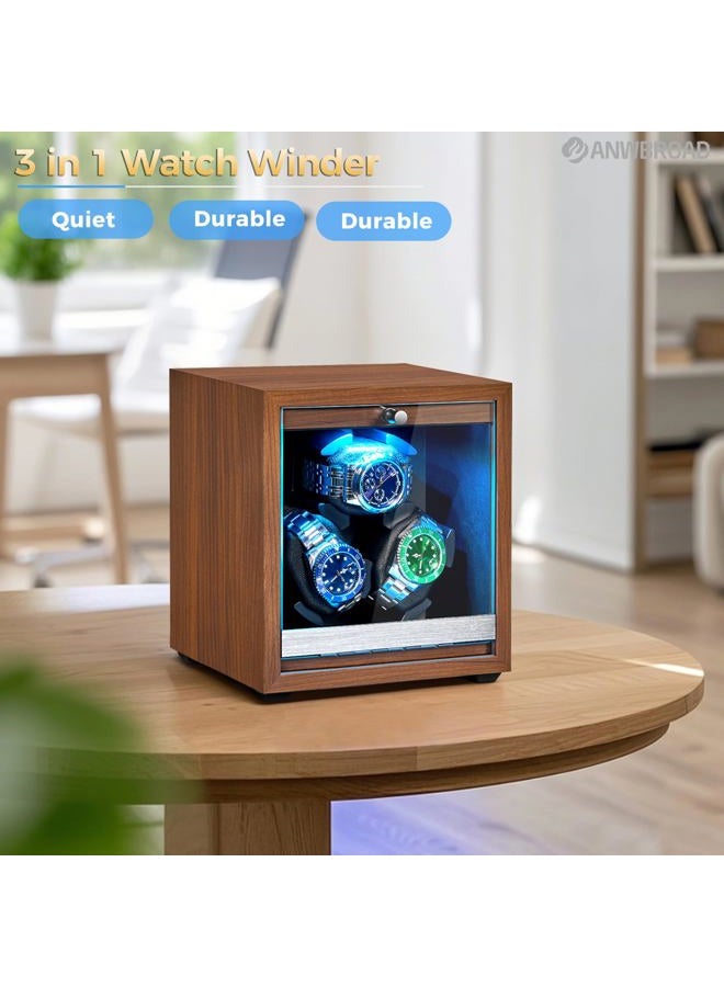 ANWBROAD Watch Winder for Automatic Watch 3 Watch Rotator with LED and 4 Rotating Modes Wooden Automatic Watch Winder Super Quiet Japanese Motor Memory Foam Pillows with Adapter Gift for Man UJWW013M - Image 2