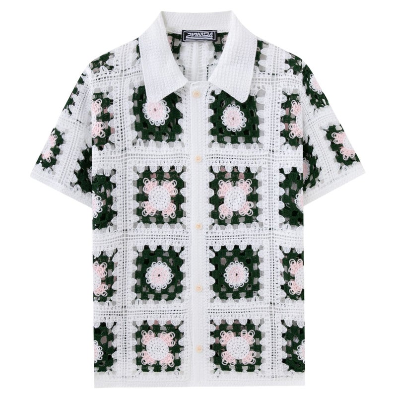 Men's Retro Crochet Knit Short Sleeve Polo Shirt - Image 2