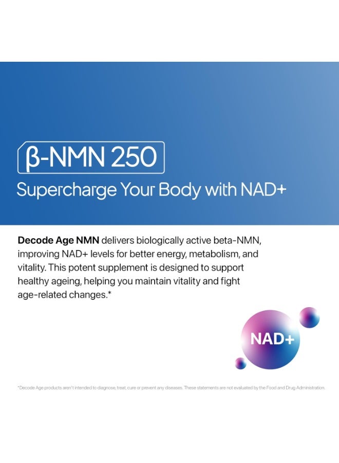 Decode Age NMN Supplement, 99.9% Pure Beta NMN, NAD+ Booster for Energy, Cellular Repair & Skin Health, 250mg, 30 Veg Capsules - Image 2