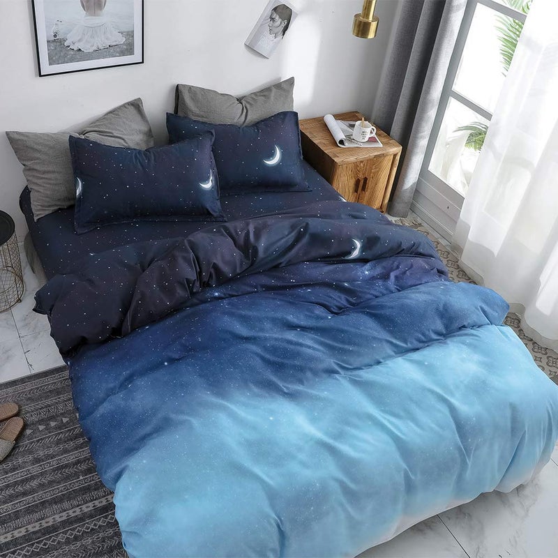 HYPREST HYPREST Duvet Cover Queen Size 3 Pcs Star Moon Galaxy Patterned Duvet Cover Set Kawaii Cute Bedding Sets Queen Soft Breathable 