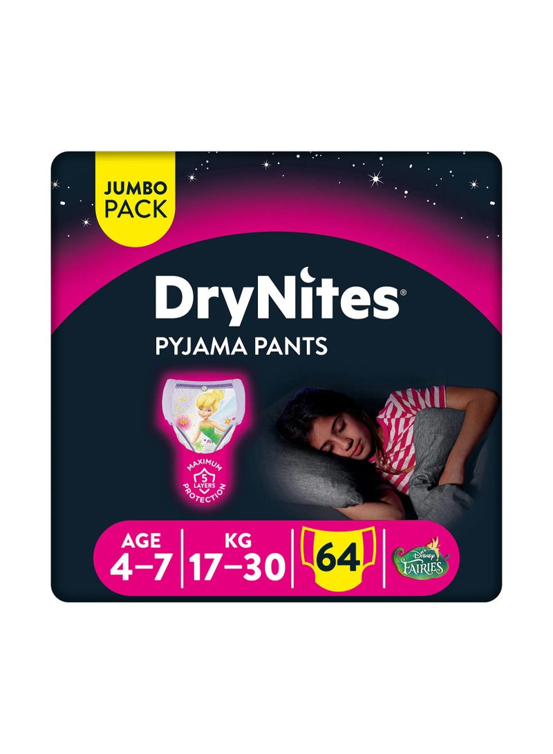 HUGGIES DryNites Pyjama Pants, 64 Pieces Jumbo Pack, For Girls Age 4-7, 17-30kg - Night-Time Protection, Super Absorbent, 5 Layers, Leak Free