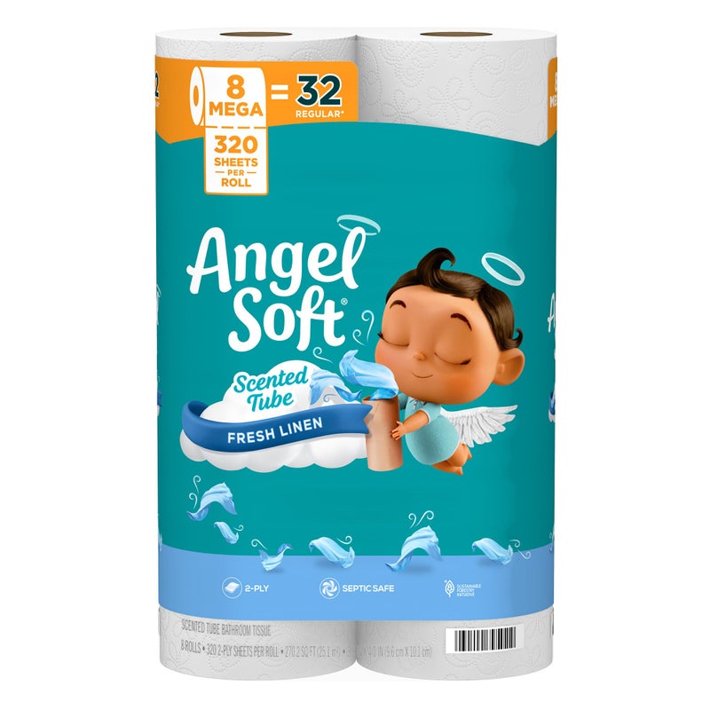 Angel Soft Toilet Paper with Fresh Linen Scented Tube, 8 Mega Rolls = 32 Regular Rolls, Soft and Strong Toilet Tissue - Image 1