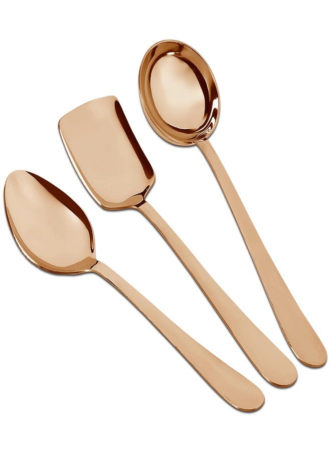 Parage 3 Pieces Stainless Steel Rose Gold Serving Spoons Set for Dining Table/Kitchen, 1.8 mm Heavy Gauge (1 Soup Ladle (Karchi), 1 Solid Spoon (Chamcha), 1 Rice Spoon), Rose Gold (Pack of 3) - Image 1