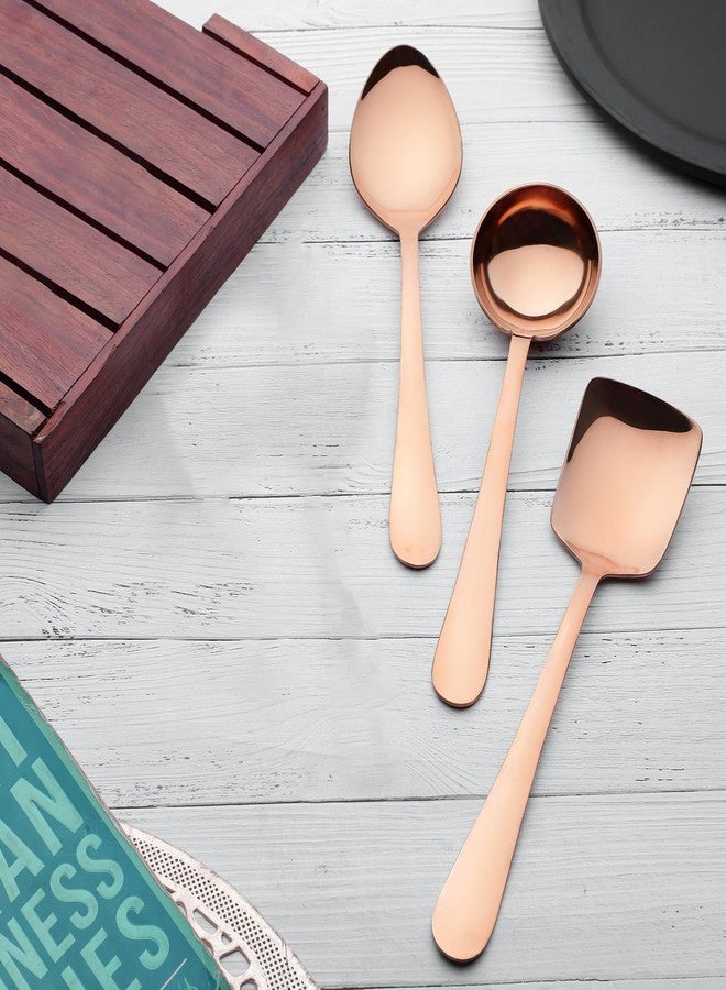 Parage 3 Pieces Stainless Steel Rose Gold Serving Spoons Set for Dining Table/Kitchen, 1.8 mm Heavy Gauge (1 Soup Ladle (Karchi), 1 Solid Spoon (Chamcha), 1 Rice Spoon), Rose Gold (Pack of 3) - Image 2