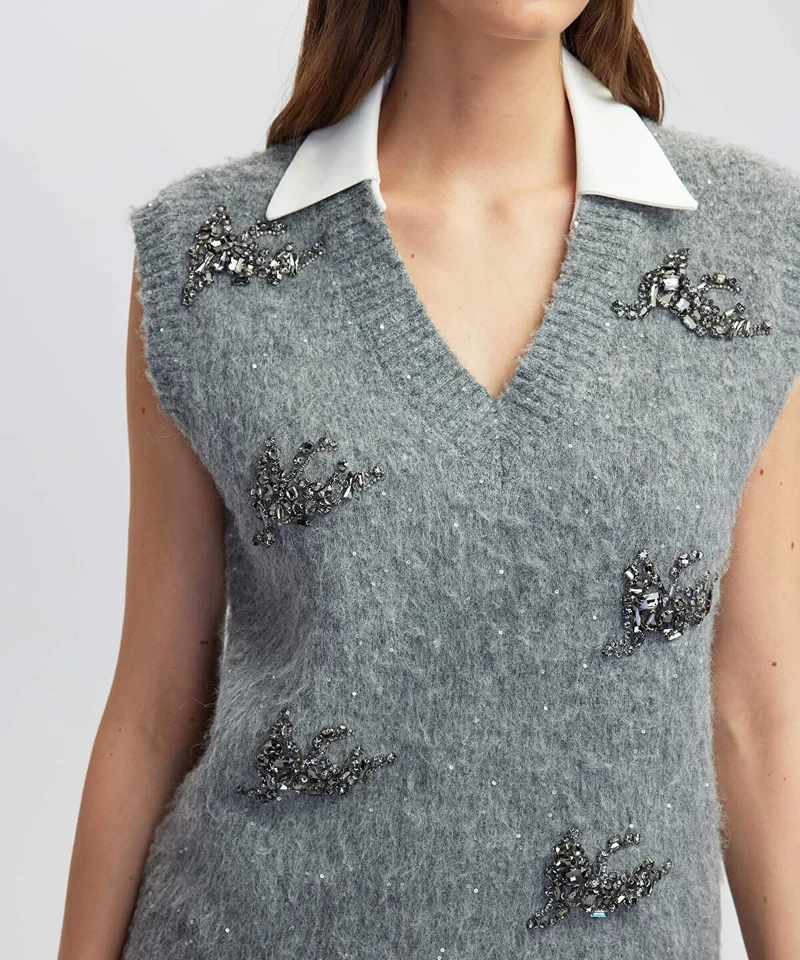 Ipekyol  Embellished Vest with Contrast Collar for Women | Best Price UAE