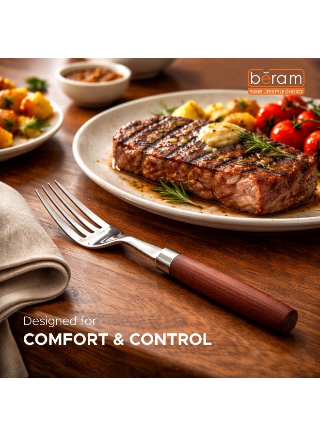 BERAM Woodland Steel Dining Fork, Mirror Polished Flatware with Wooden Handles, Dinner, Salad and Dessert Fork, Table Cutlery for Daily Use - Image 2