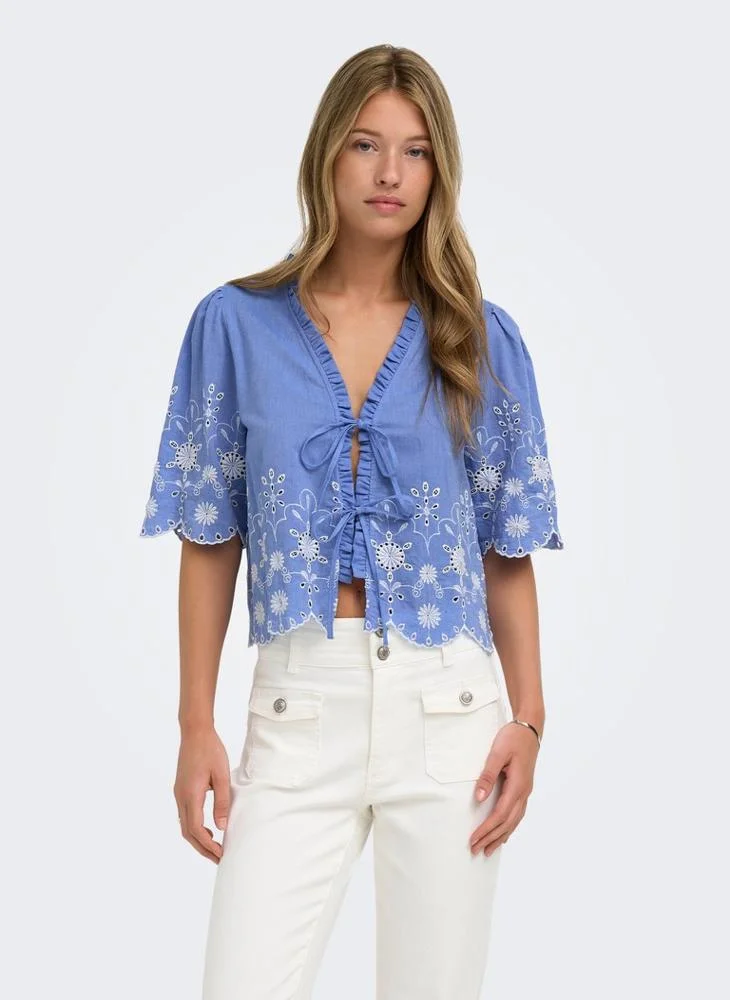 Only Onlmiffy Short Sleeve Embroidered Tie Top