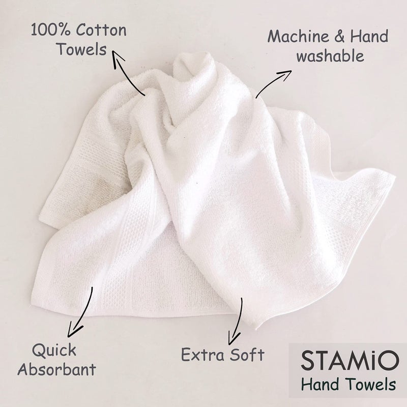 STAMIO مجموعة مناشف يد قطنية STAMIO 425 GSM من 3 قطع، 40 × 60 سم للرجال، النساء، المنزل، الصالة الرياضية، حوض الغسيل | ناعمة، ماصة، سريعة الجفاف، بحجم كبير كامل | حافة حريرية، بيضاء - Image 4