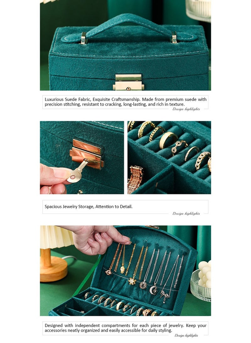 السيدات الفانيلا مربع مجوهرات جامع ، 2 طبقة عرض كبير تخزين مربع السفر مجوهرات حامل ، قلادة ، والقرط ، سوار ، خاتم التقسيم - الرجعية الخضراء - Image 5