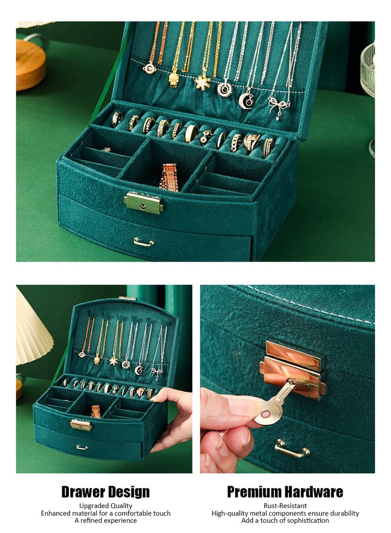 السيدات الفانيلا مربع مجوهرات جامع ، 2 طبقة عرض كبير تخزين مربع السفر مجوهرات حامل ، قلادة ، والقرط ، سوار ، خاتم التقسيم - الرجعية الخضراء - Image 3