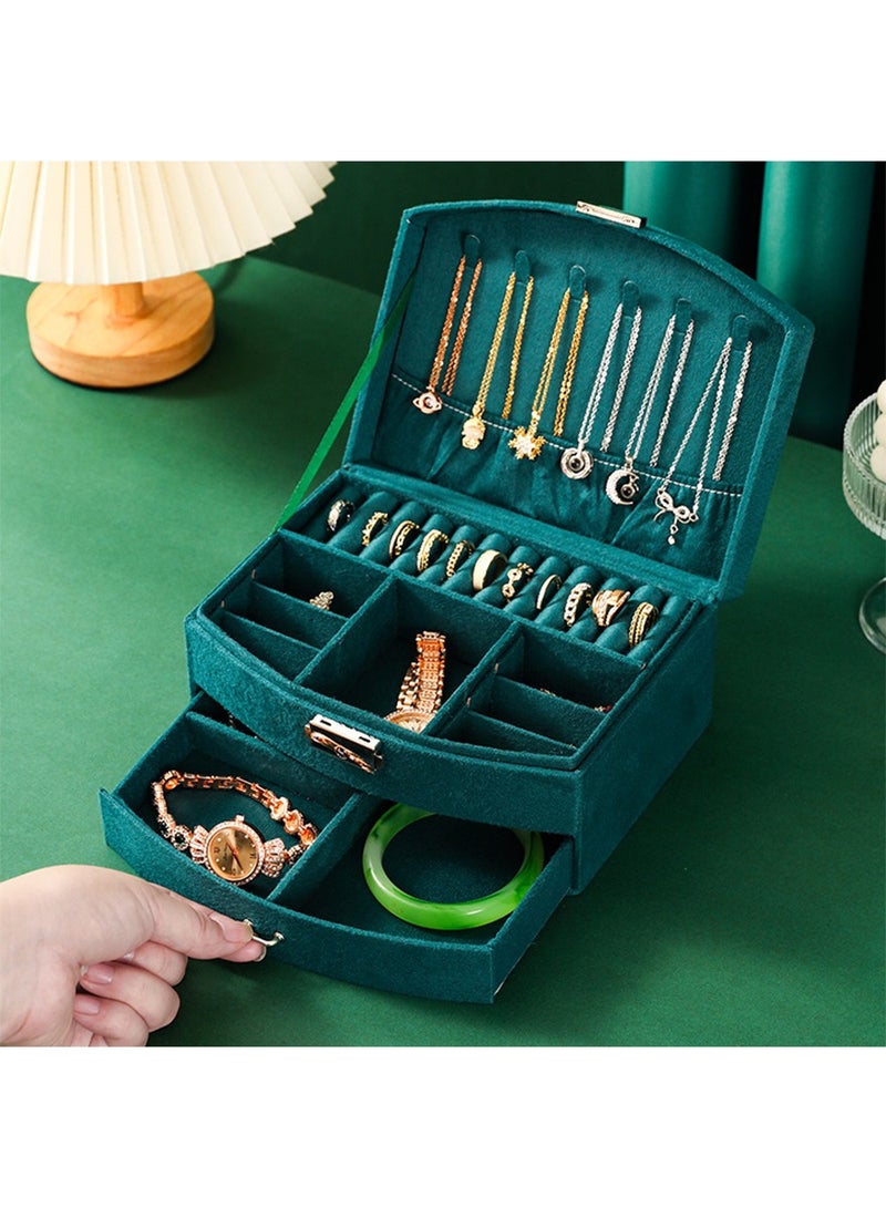 السيدات الفانيلا مربع مجوهرات جامع ، 2 طبقة عرض كبير تخزين مربع السفر مجوهرات حامل ، قلادة ، والقرط ، سوار ، خاتم التقسيم - الرجعية الخضراء - Image 1