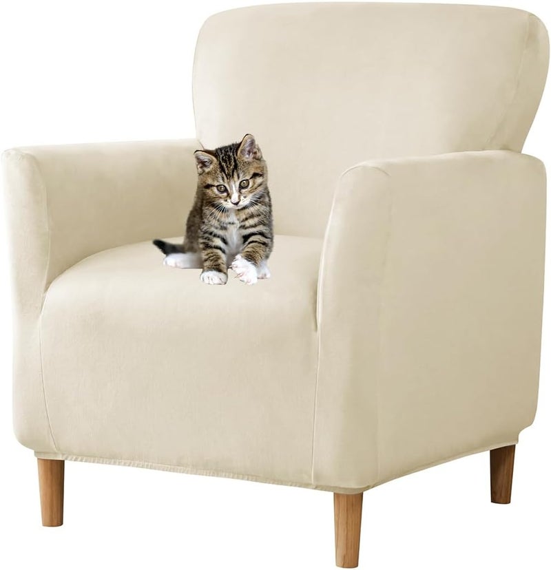 SONNACH Stretch Chair Covers with Arms 1-Piece Banquet Armchair Slipcover Velvet Mid Century Modern Armchair Slipcover Anti-Slip Furniture Protector for Living Room Friendly for Kids Pets (Beige) - Image 1