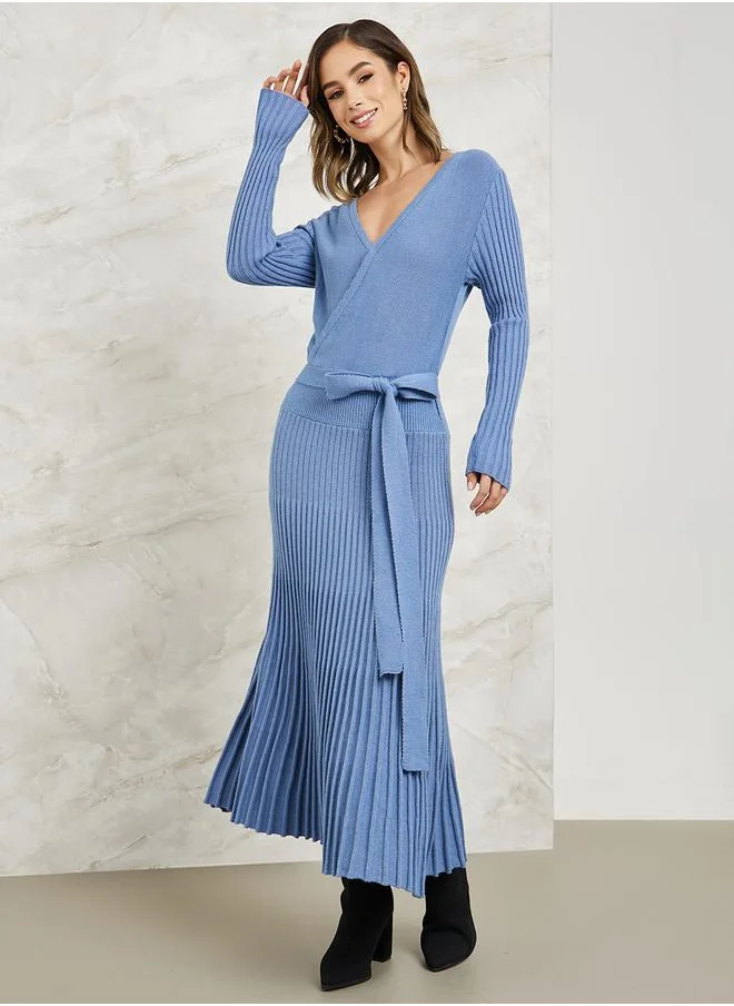 Styli Pleated Hem Knit Sweater Midi Dress with Tie Waist