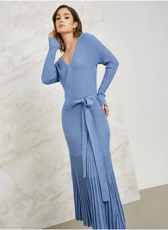 Styli Pleated Hem Knit Sweater Midi Dress with Tie Waist