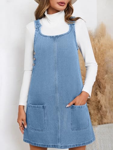 BZB Women's Sleeveless Casual Denim Dress Crewneck Vintage Loose Jean Overall Dress with Pockets Blue - Image 2