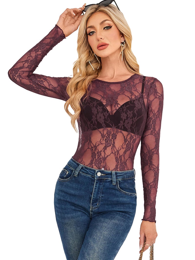 OFEEFAN Lace Tops for Women Trendy Crewneck Sexy Mesh Tops Slim Fitted Summer Outfits Burgundy M - Image 4