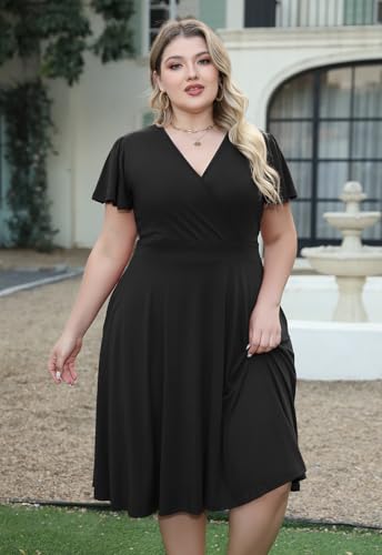 Nemidor Plus Size Dresses for Curvy Women Casual Summer V Neck Short Sleeve Midi Cocktail Vintage Dress with Pocket(073,20,Black) - Image 4