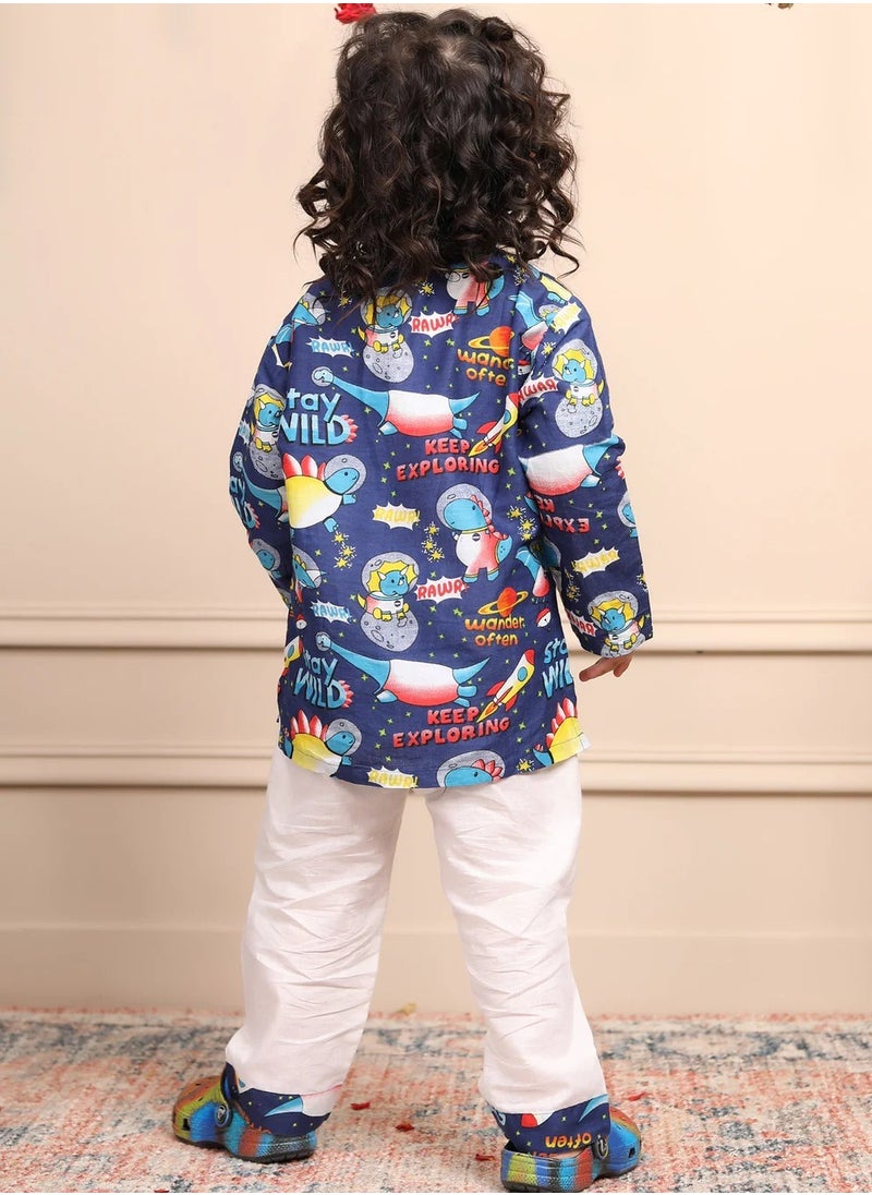 Polka Tots Polka Tots Full Sleeves Night Wear Space Kurta Pyjama - Blue  - Image 4