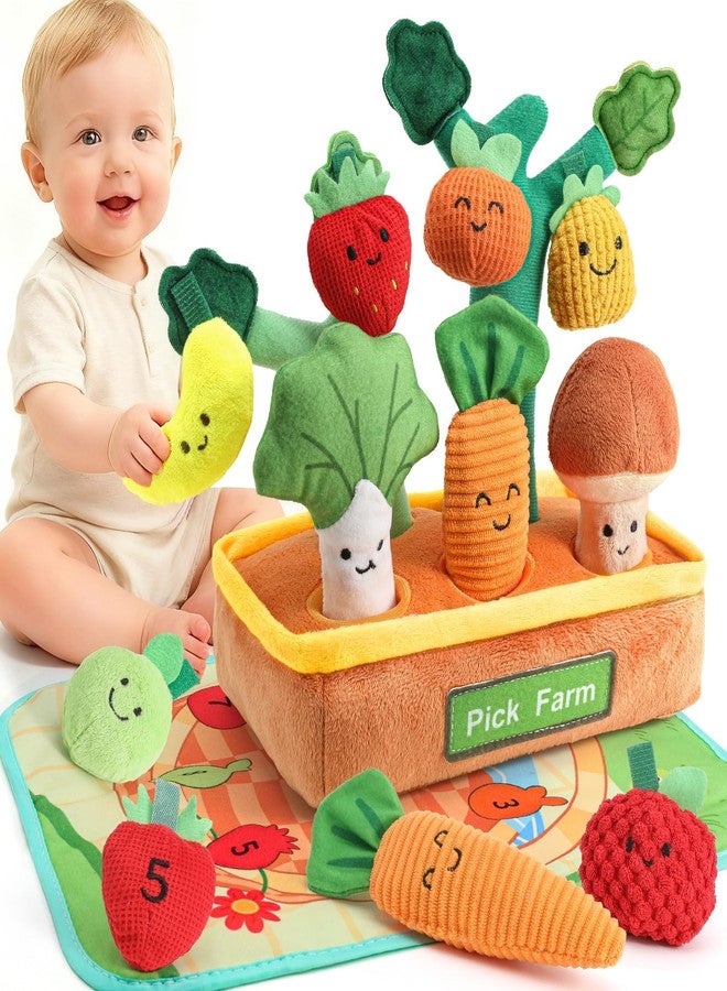 Mini Tudou Baby Toys 6-12 Months-Fruits Veggies Farm Stuffed Toys 15PCS-Sensory Educational Toy Mushroom Carrot with Rattle Squeaker Crinkle Texture Color Shape Number Matching Gifts - Image 1