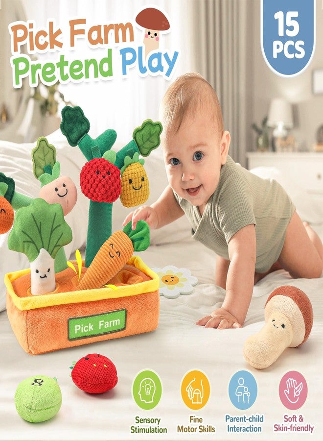 Mini Tudou Baby Toys 6-12 Months-Fruits Veggies Farm Stuffed Toys 15PCS-Sensory Educational Toy Mushroom Carrot with Rattle Squeaker Crinkle Texture Color Shape Number Matching Gifts - Image 2