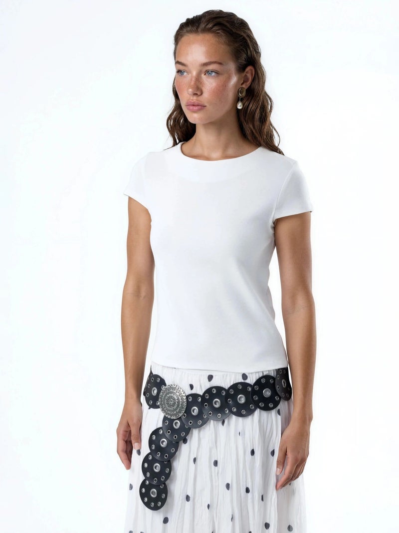BUSEM Crew Neck Short Sleeve Cotton Blend Blouse - Image 4