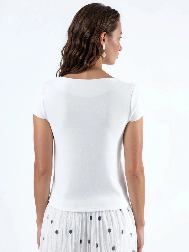 BUSEM Crew Neck Short Sleeve Cotton Blend Blouse - Image 3
