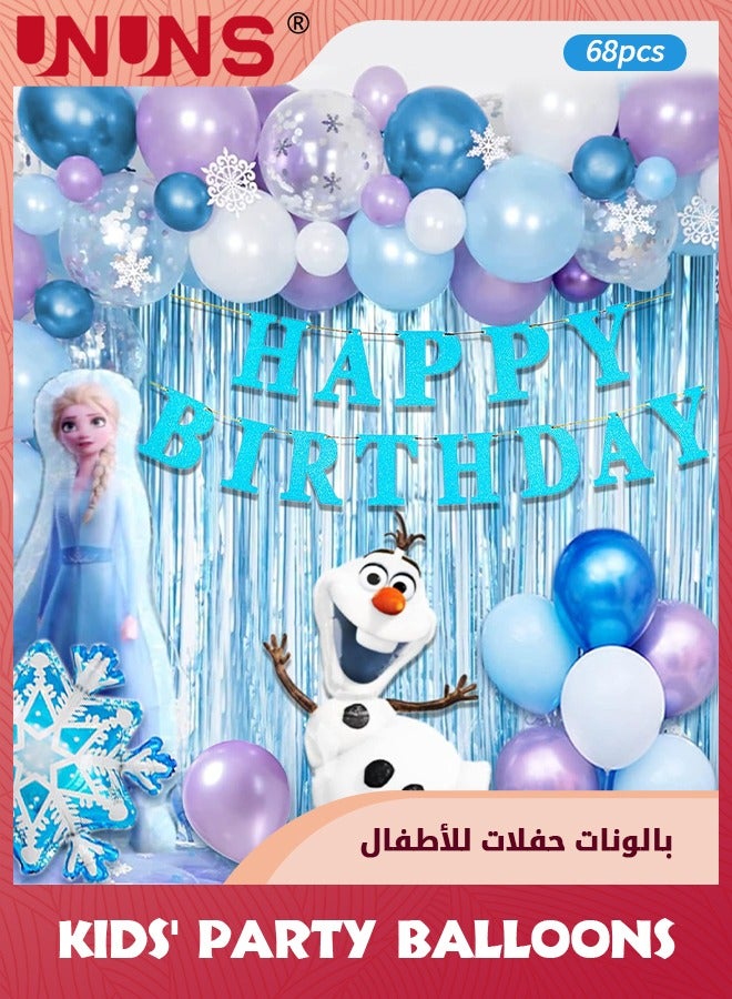 UNUNS Frozen Birthday Party Supplies,68Pcs Frozen Party Balloons Decorations,Girls Princess Happy Birthday Decoration,Frozen Backdrop Snowflake Balloon Garland Arch Kit,Theme Party Frozen Banner Balloons - Image 1