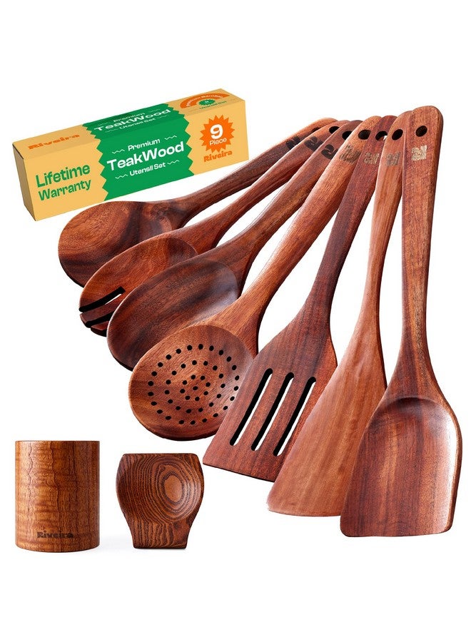 Riveira's 9-Piece Dark Brown Kitchen Essentials Wooden Cooking Utensils Set - Complete Kitchen Utensils Set for Gourmet Results - Image 1