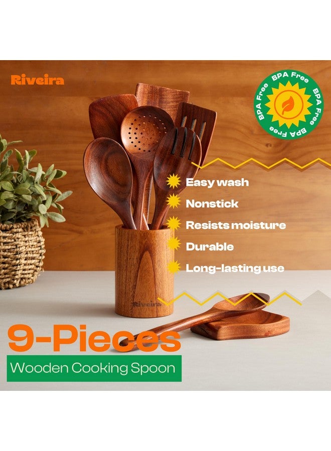 Riveira's 9-Piece Dark Brown Kitchen Essentials Wooden Cooking Utensils Set - Complete Kitchen Utensils Set for Gourmet Results - Image 4