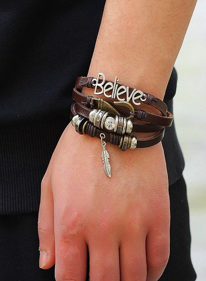 ZIVOM® Believe Brown Leather Beads Charm Multi-Strand Unisex Bracelet Men - Image 5