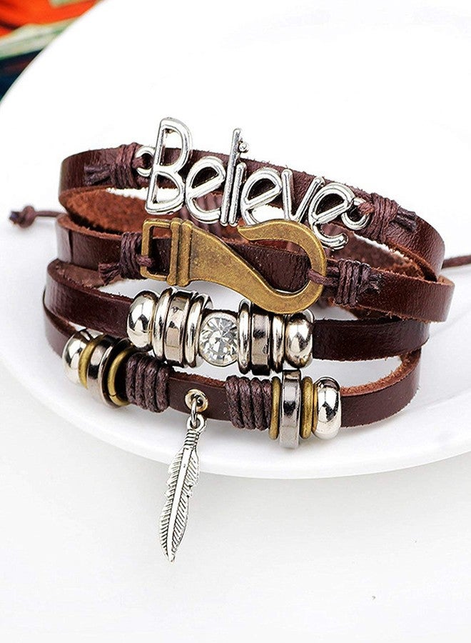 ZIVOM® Believe Brown Leather Beads Charm Multi-Strand Unisex Bracelet Men - Image 2
