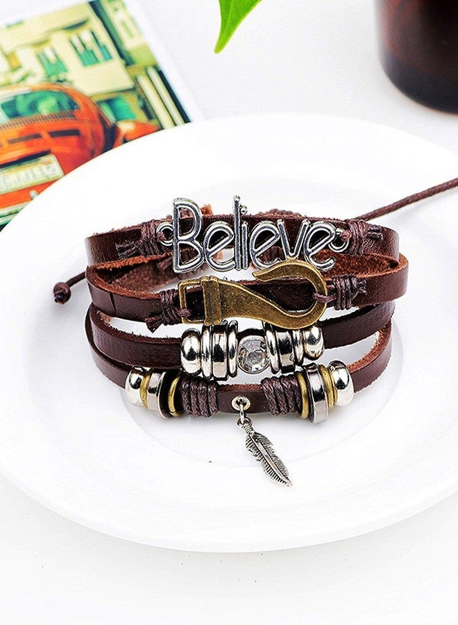 ZIVOM® Believe Brown Leather Beads Charm Multi-Strand Unisex Bracelet Men - Image 3