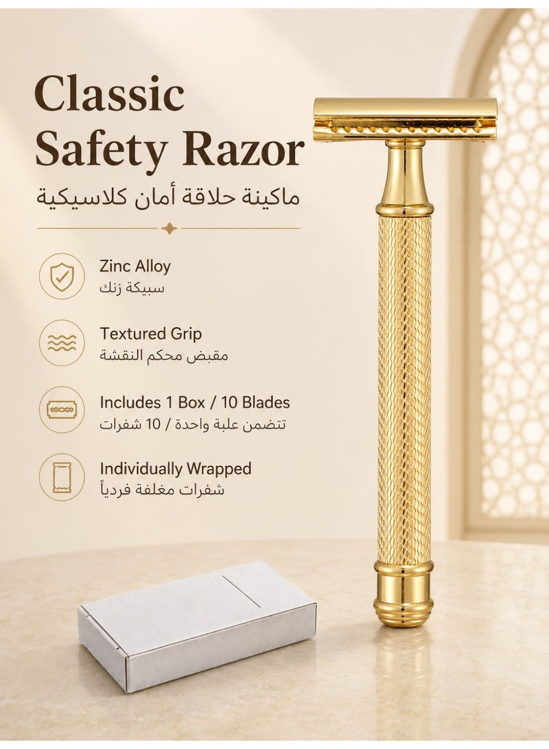 Men's Razor Double Blade Safety Razor with Zinc Alloy Handle, Anti-Slip Grip Design, Includes 10 Extra Blades Personal beard care shaver set beauty tools - Image 1
