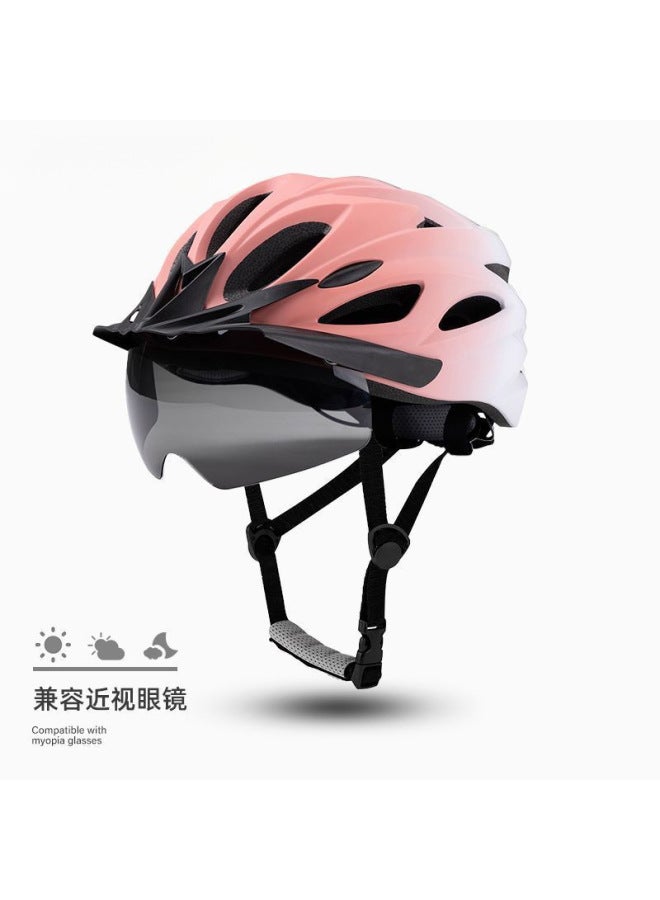 Unisex Road Bicycle Helmet with Integrated Goggles and Brim - Pink and White Gradient, Gray Lens