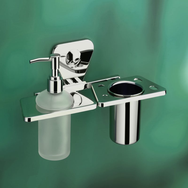 ORCE BATH ARTICLE soap Dispenser with Toothbrush Holder for washbasin Liquid Dispenser and Brush Holder for Bathroom Tumbler Holders dispensers SP21(304 Stainless Steel,Chrome Finish,Frosted Glass) - Image 1