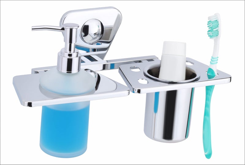 ORCE BATH ARTICLE soap Dispenser with Toothbrush Holder for washbasin Liquid Dispenser and Brush Holder for Bathroom Tumbler Holders dispensers SP21(304 Stainless Steel,Chrome Finish,Frosted Glass) - Image 2
