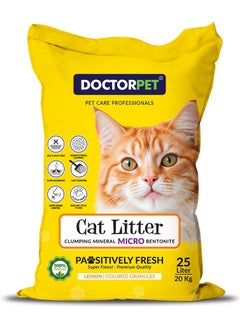 DOCTERPET Doctor Pet Cat Litter Lemon 25L – 100% Natural Clumping Bentonite,Scented, Ultra Absorbent,Easy Scooping, Dust-Free, Odor Control, Easy Scooping, Hypoallergenic & Non-Stick Paw Formula  - Image 1