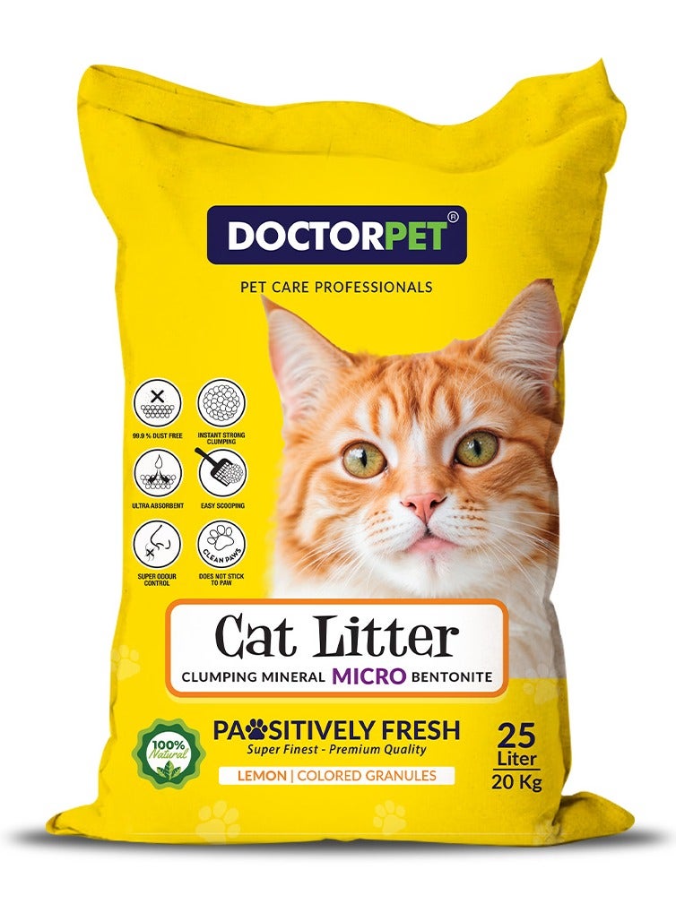DOCTERPET Doctor Pet Cat Litter Lemon 25L – 100% Natural Clumping Bentonite,Scented, Ultra Absorbent,Easy Scooping, Dust-Free, Odor Control, Easy Scooping, Hypoallergenic & Non-Stick Paw Formula - Image 1