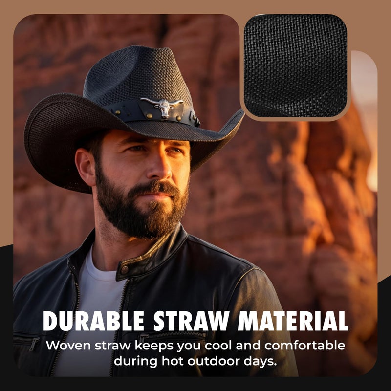 grinderPUNCH Western Outback Cowboy Hat Men's Women's Style Classic Straw Western Cowgirl Hat (US, Numeric, 6 3/4, 7 3/8, Black) - Image 4