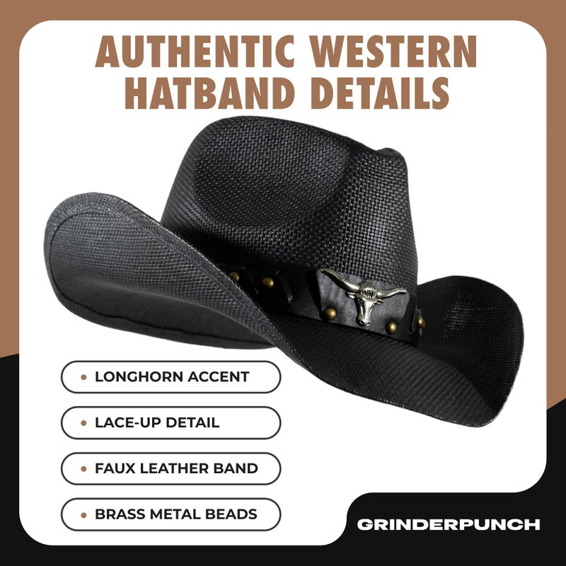 grinderPUNCH Western Outback Cowboy Hat Men's Women's Style Classic Straw Western Cowgirl Hat (US, Numeric, 6 3/4, 7 3/8, Black) - Image 3