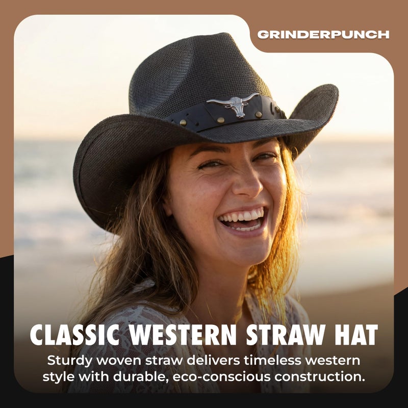 grinderPUNCH Western Outback Cowboy Hat Men's Women's Style Classic Straw Western Cowgirl Hat (US, Numeric, 6 3/4, 7 3/8, Black) - Image 2