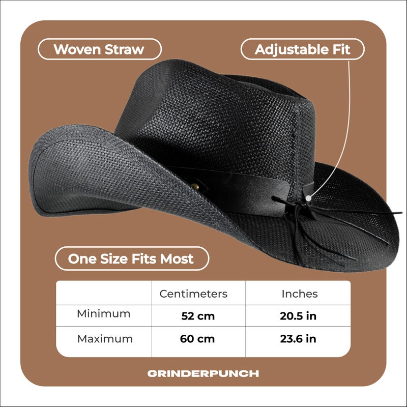grinderPUNCH Western Outback Cowboy Hat Men's Women's Style Classic Straw Western Cowgirl Hat (US, Numeric, 6 3/4, 7 3/8, Black) - Image 5